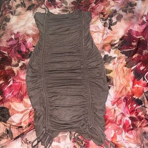 Stretchy  Brown Ruched Dress with Spaghetti Straps and Bottom Ties Size